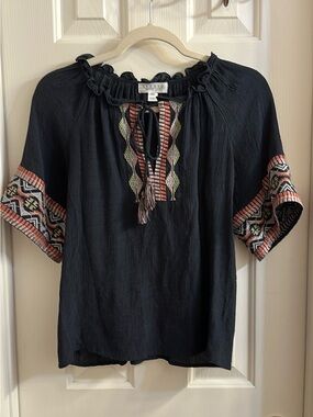 Studio Navy Embroidered Peasant Blouse with Tassel Tie